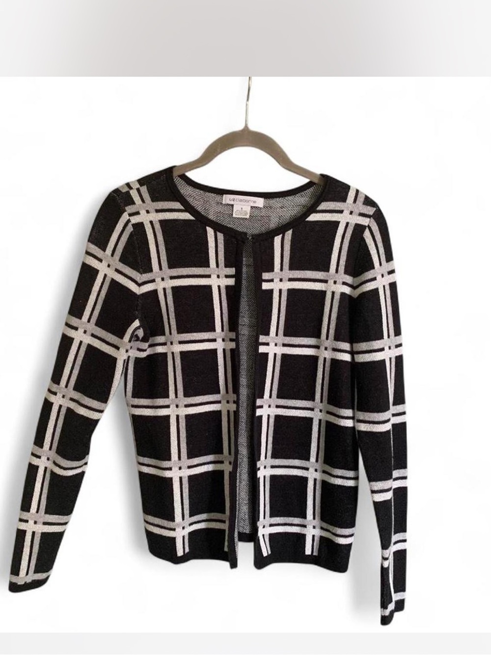 Liz Claiborne Black & White Windowpane Open-Front Cardigan size S